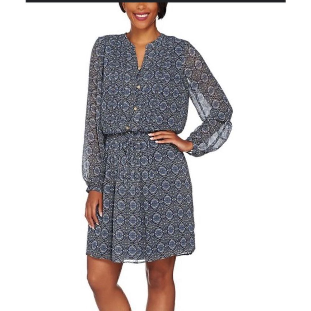 C. Wonder Navy Geometric Chiffon Pleated blue casual Dress medium